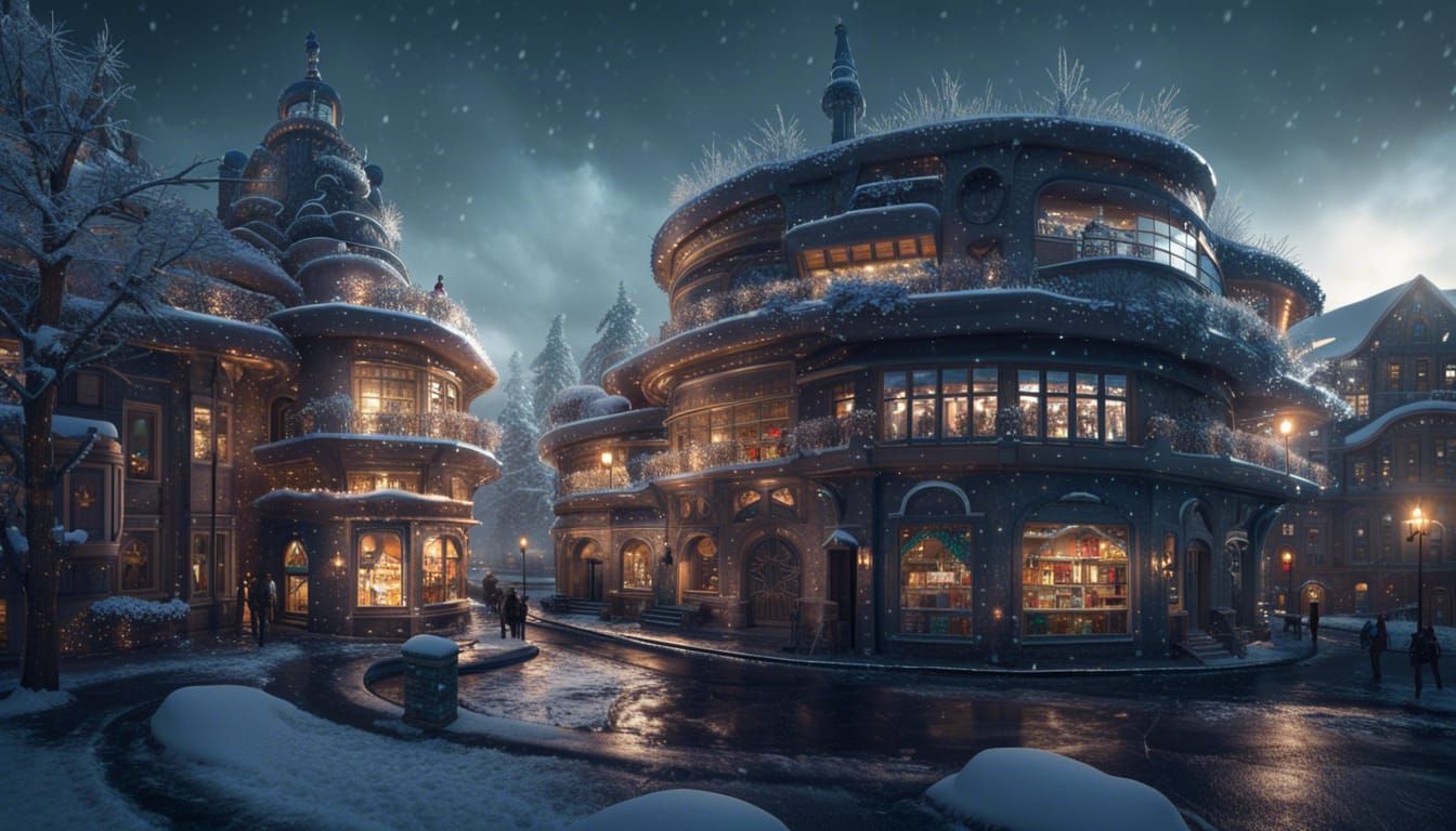 Futuristic Winter Village with Golden Lights