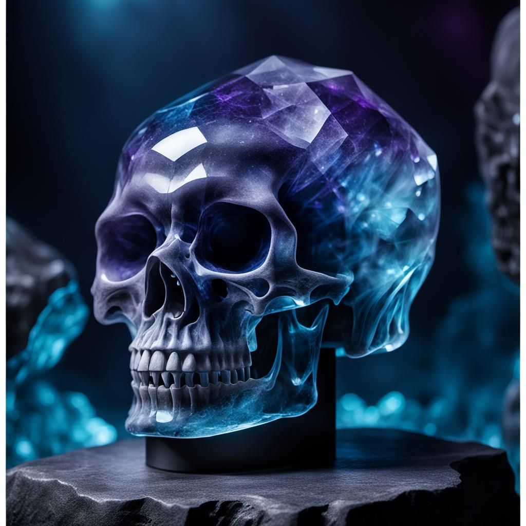 Glimmering Crystal Skull in a Misty Cave