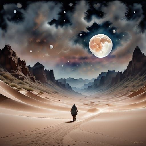 Bedouin Man Under Full Moon in Dreamy Desert Watercolor