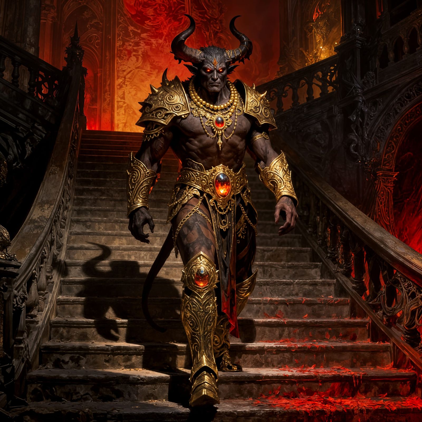 Demon in Gold Armor Ascends Grand Staircase