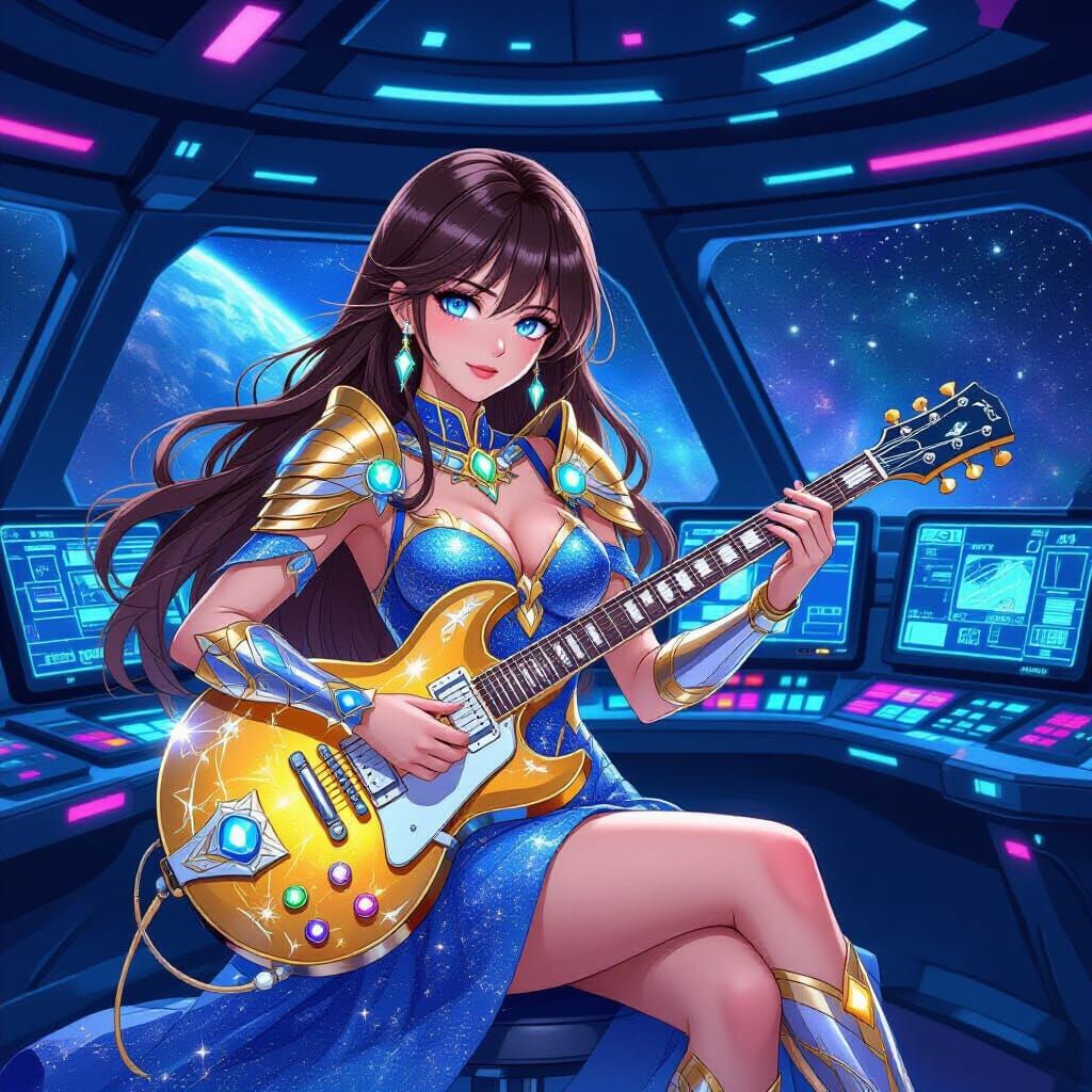 Anime Woman in Celestial Armor on Starship Bridge