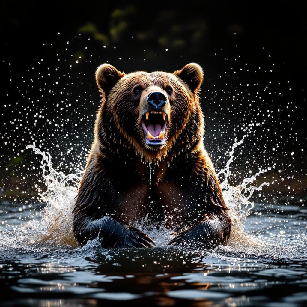 A brown bear jumps out of the water, with a dark background,...
