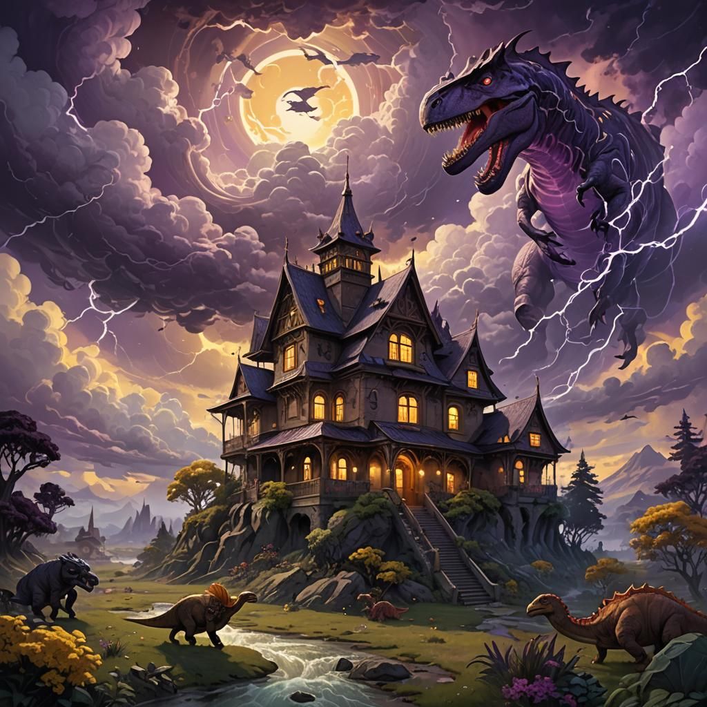 Dark Fantasy House with Dinosaurs in Clouds