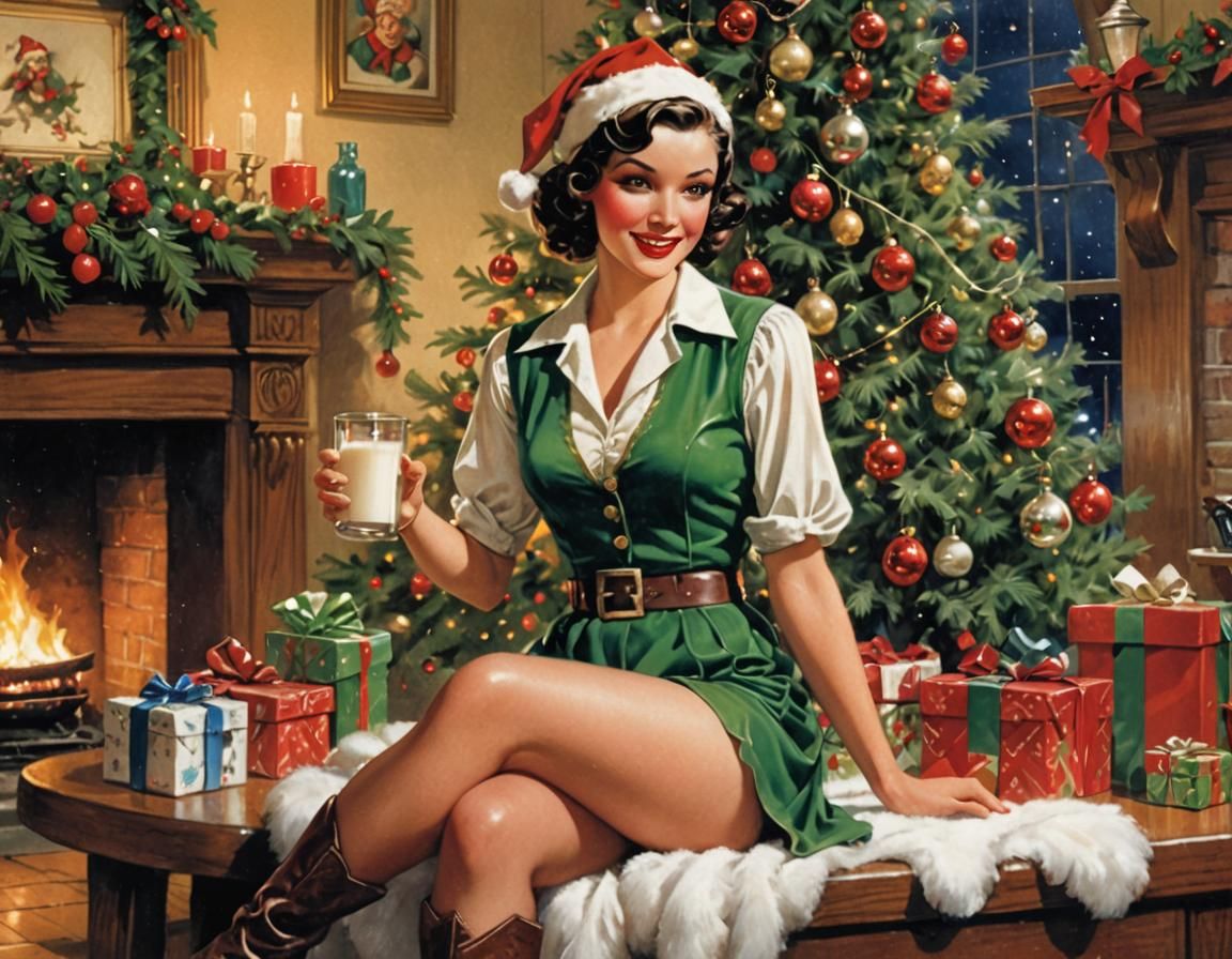 Vintage Elf Pin-Up Christmas Card Illustration