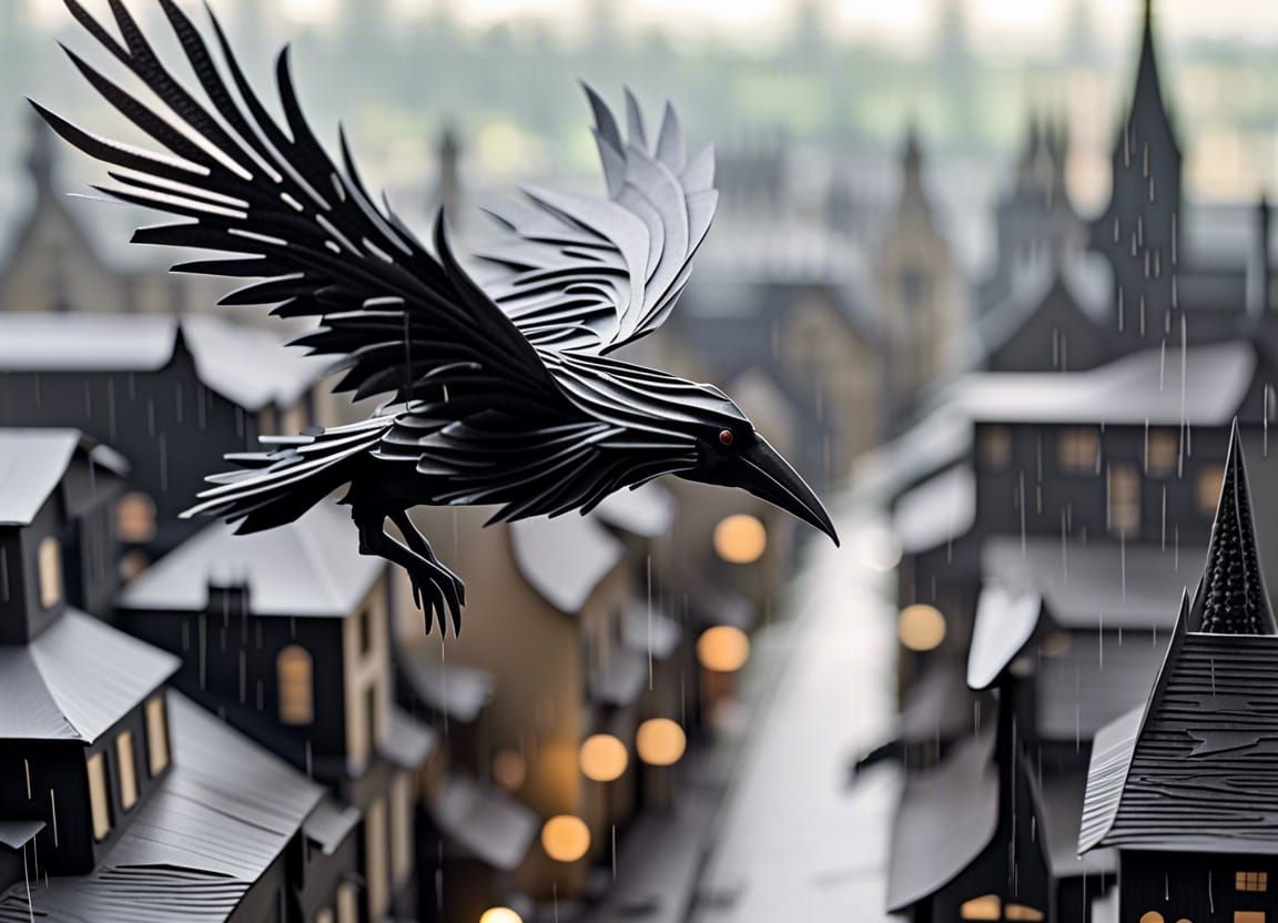 Gothic Papercraft Crow Soaring Over City in Rain