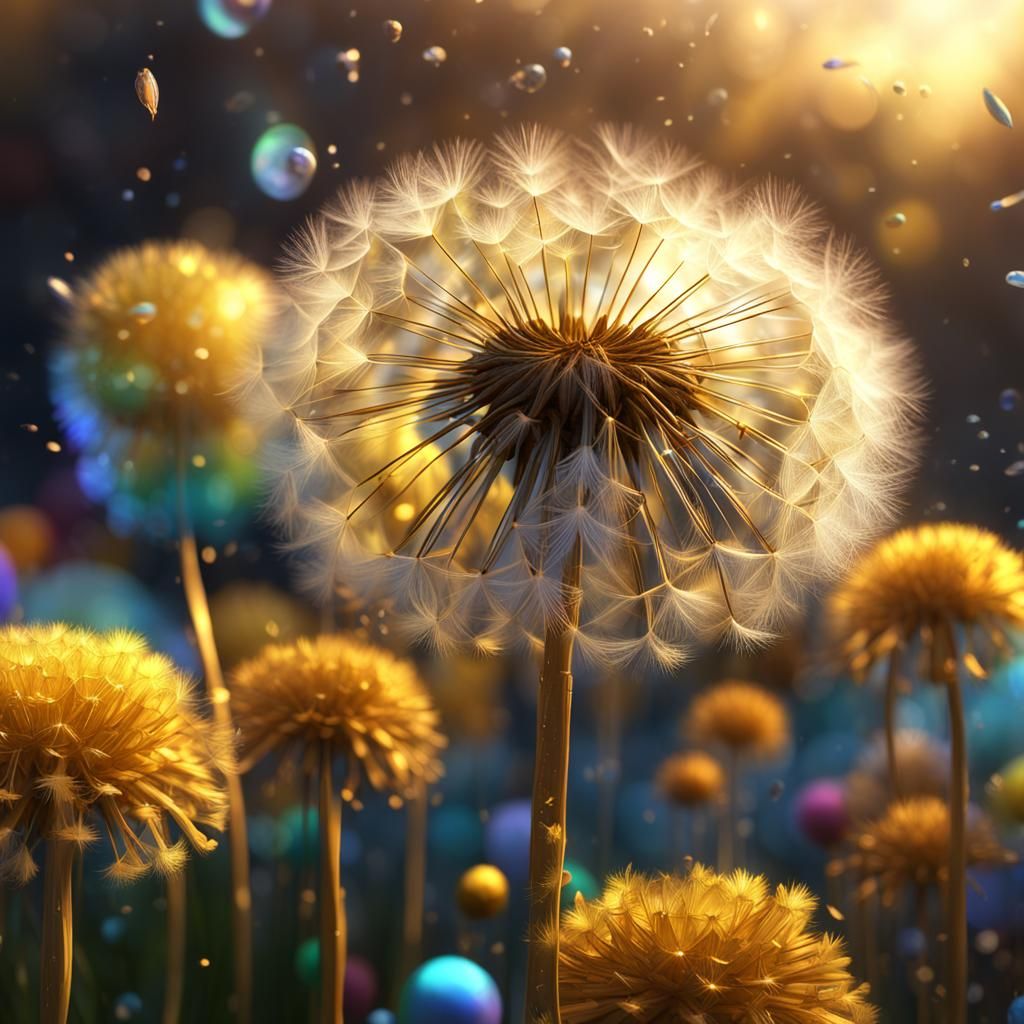 Dandelion Seeds and Rainbow in Golden Light