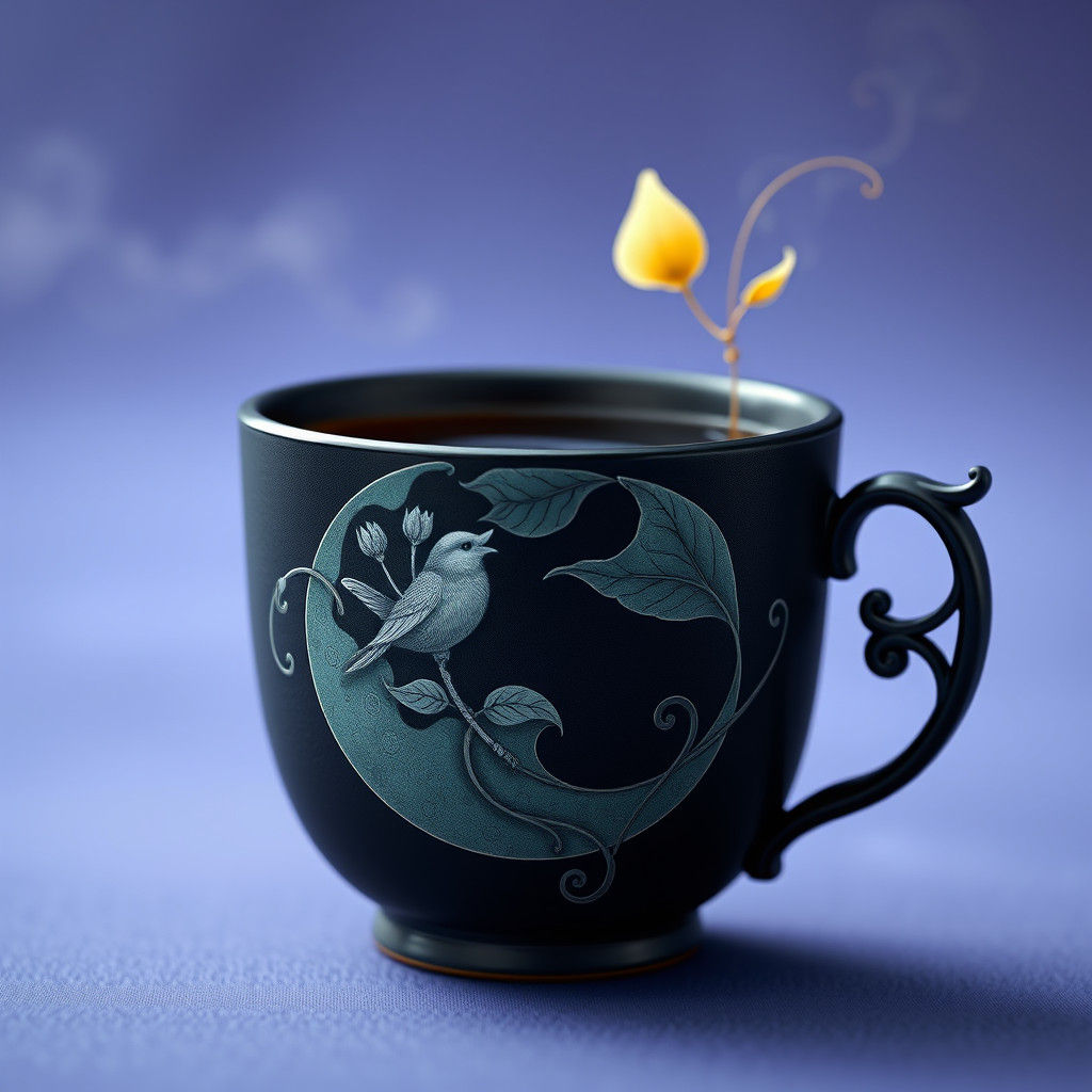 Ornate Black Tea Cup With Ethereal Moonflower Design