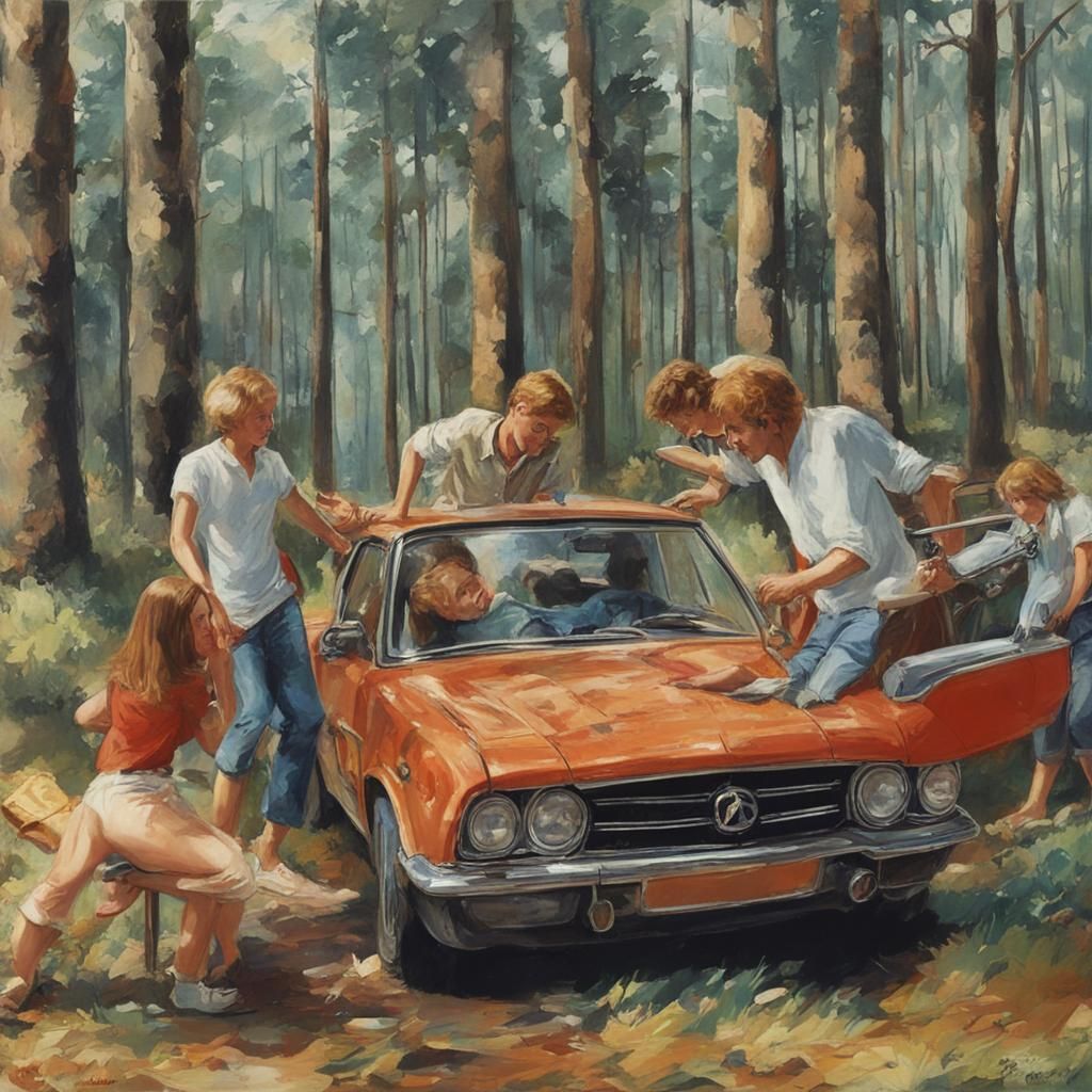 Friends Gathering in Forest with Luxury Car