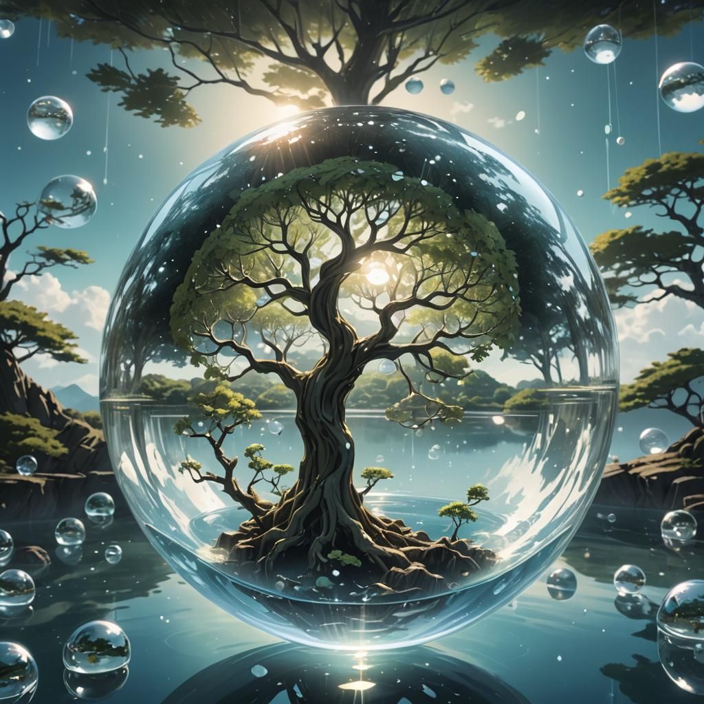 Glass Sphere Tree in Surreal Anime Style