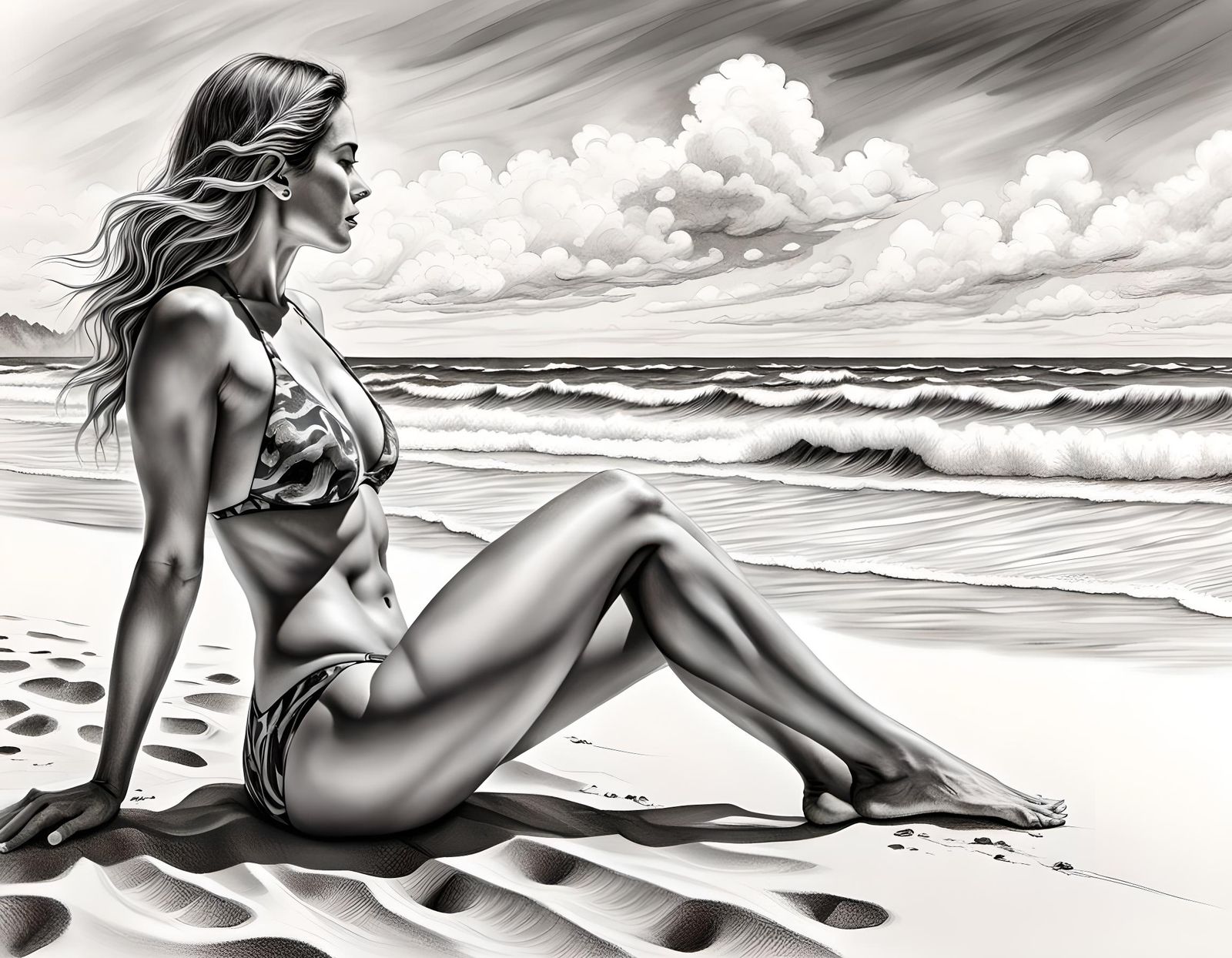 Bikini Woman Contemplates Ocean: Hyperdetailed Charcoal Draw...