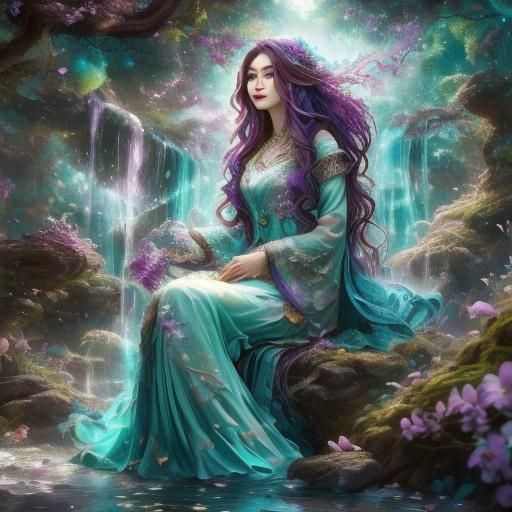 Woman with Turquoise Hair in Enchanted Waterfall