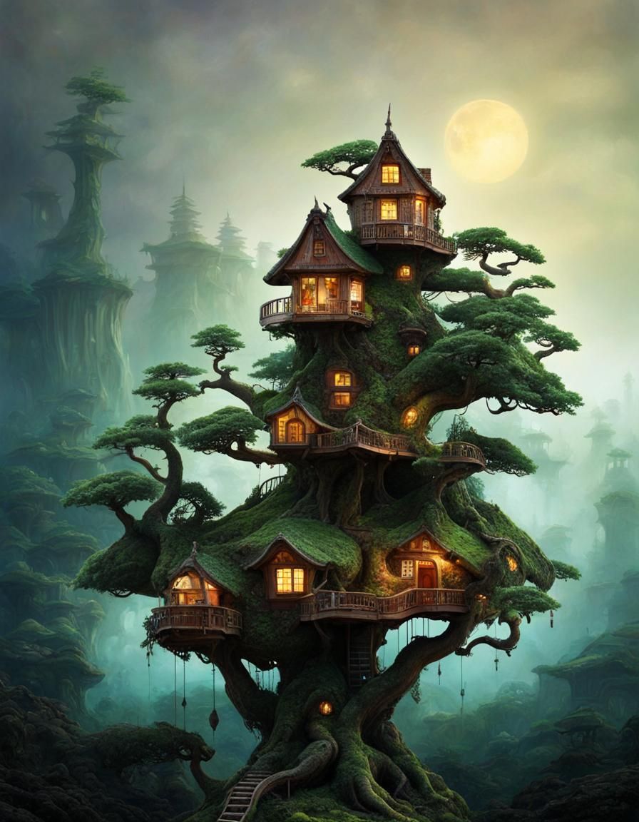 Whimsical Treehouse on Bonsai in Fantasy Forest