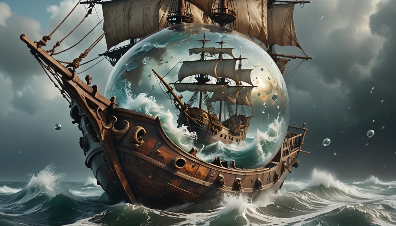 A Pirate ship traped in glass ball.