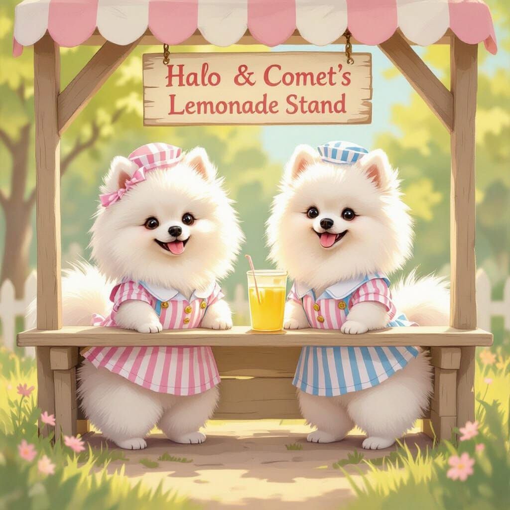 Pomeranians Run Adorable Lemonade Stand in Storybook Style