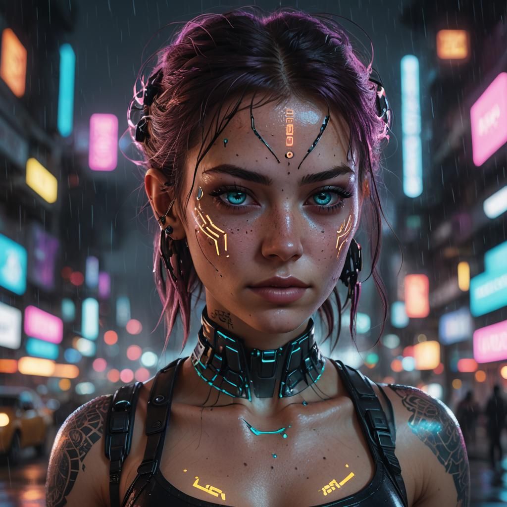 Cyberpunk Portrait with Glowing Tattoos and Neon City