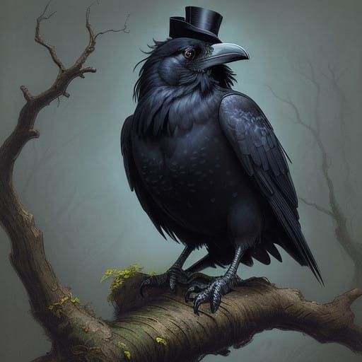 Majestic Raven in Top Hat, Amidst Vibrant Foliage