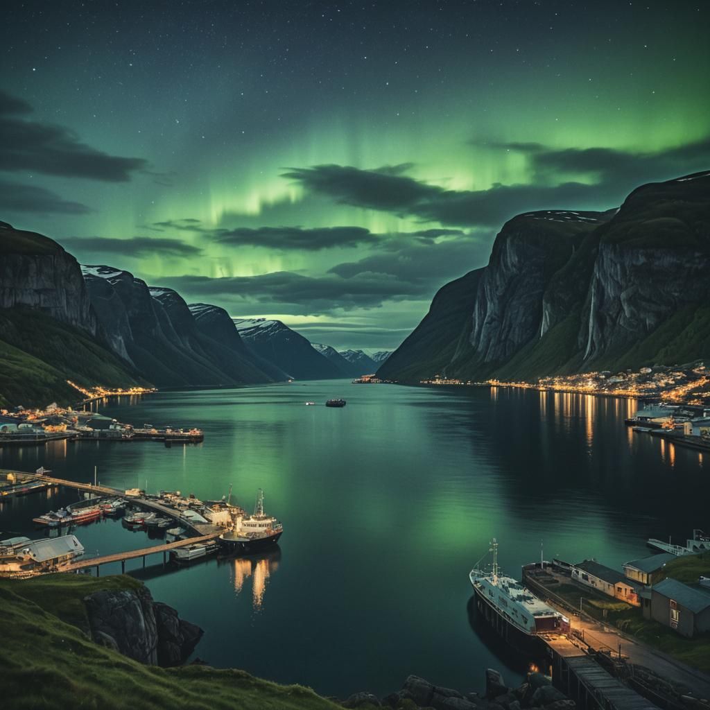 fjord at night, harbour in the background, aurora in the nig...