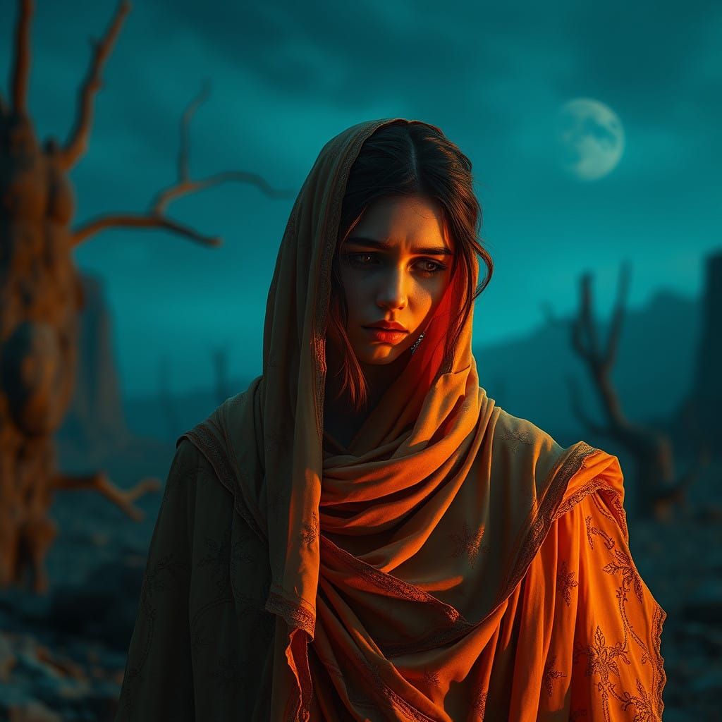 Sorrowful Figure Amidst Desolate Landscape in Art Nouveau St...