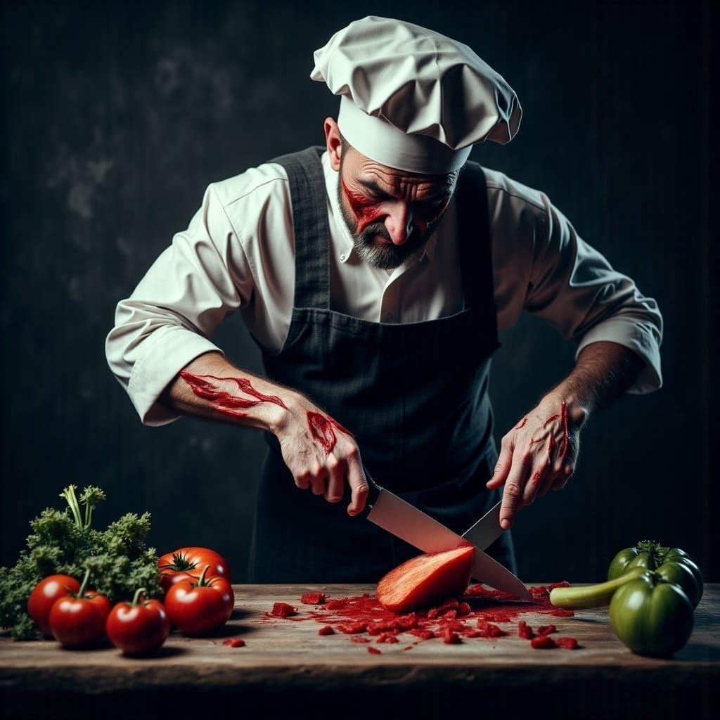 Macabre Chef Prepares Vegetables: Dark CGI Visual