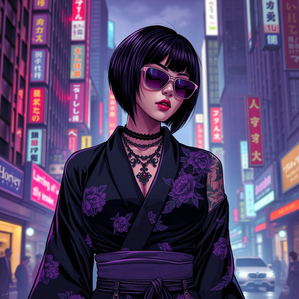 Female Yakuza in Cyberpunk Japanese Cityscape