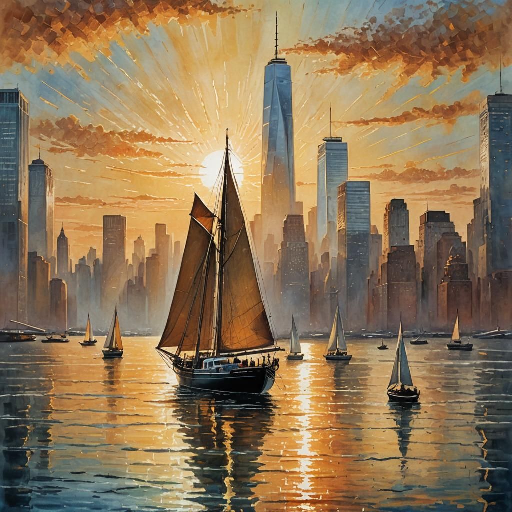 Manhattan Sunrise in Stipple Wet Wash Style