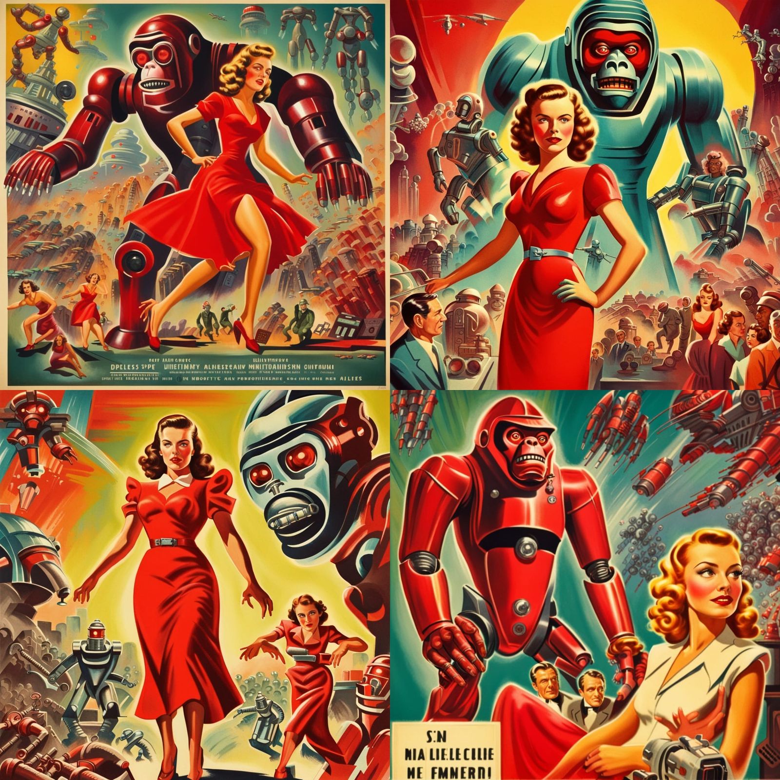 1940s style retro futurism movie poster, with an robotic ape, carrying a woman in a red dress, mixture of robots, humans...