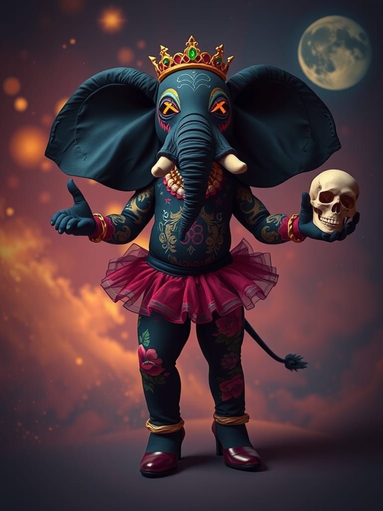 Muscular Ballerina Elephant with Skull in Cosmic Scene