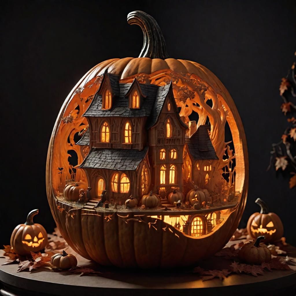 Haunted Halloween Village Carved Inside Pumpkin 3D Model