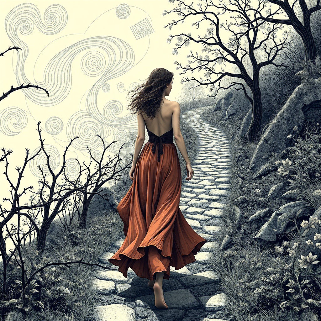 Woman on Winding Path with Abstract Fractal Art
