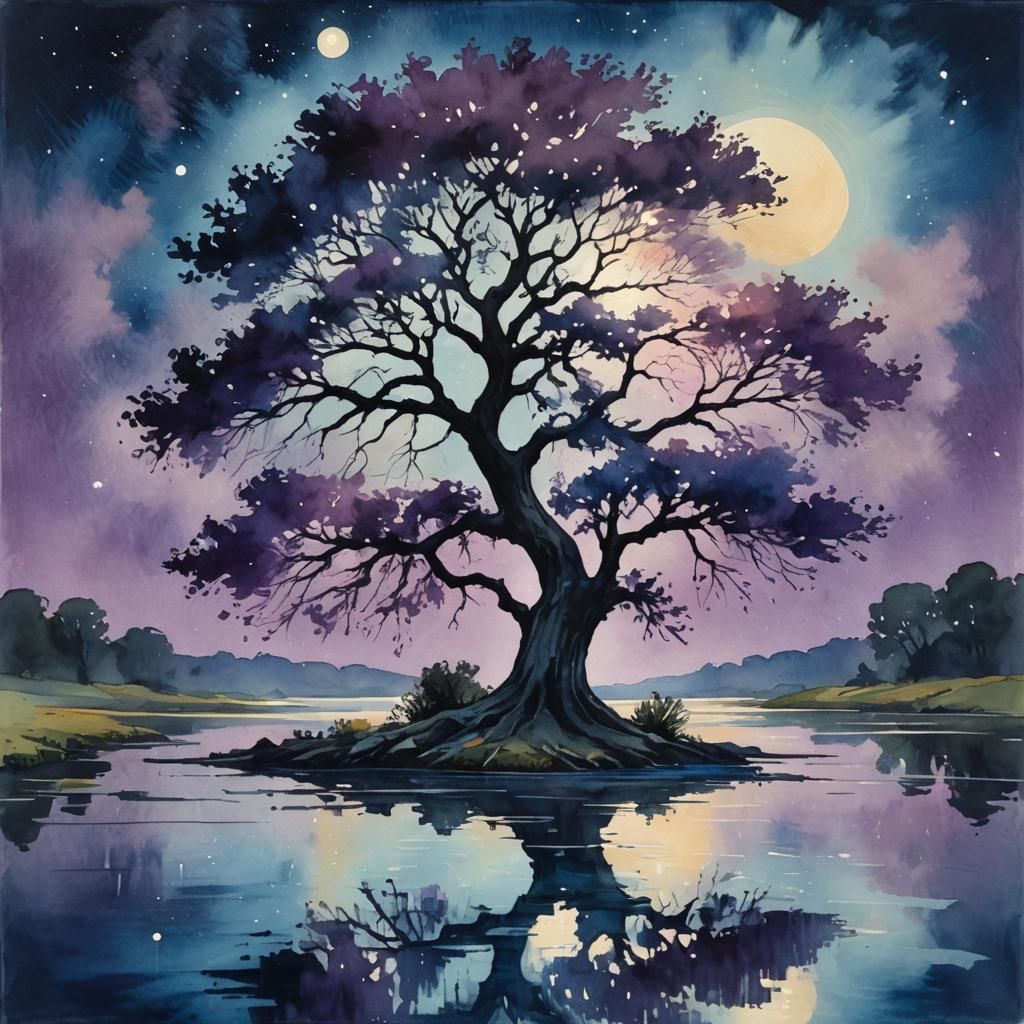 Majestic Tree Reflected in River: Impressionist Gouache