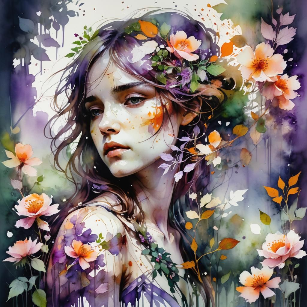 Dreamlike Figure in Rose Garden: Watercolor Art