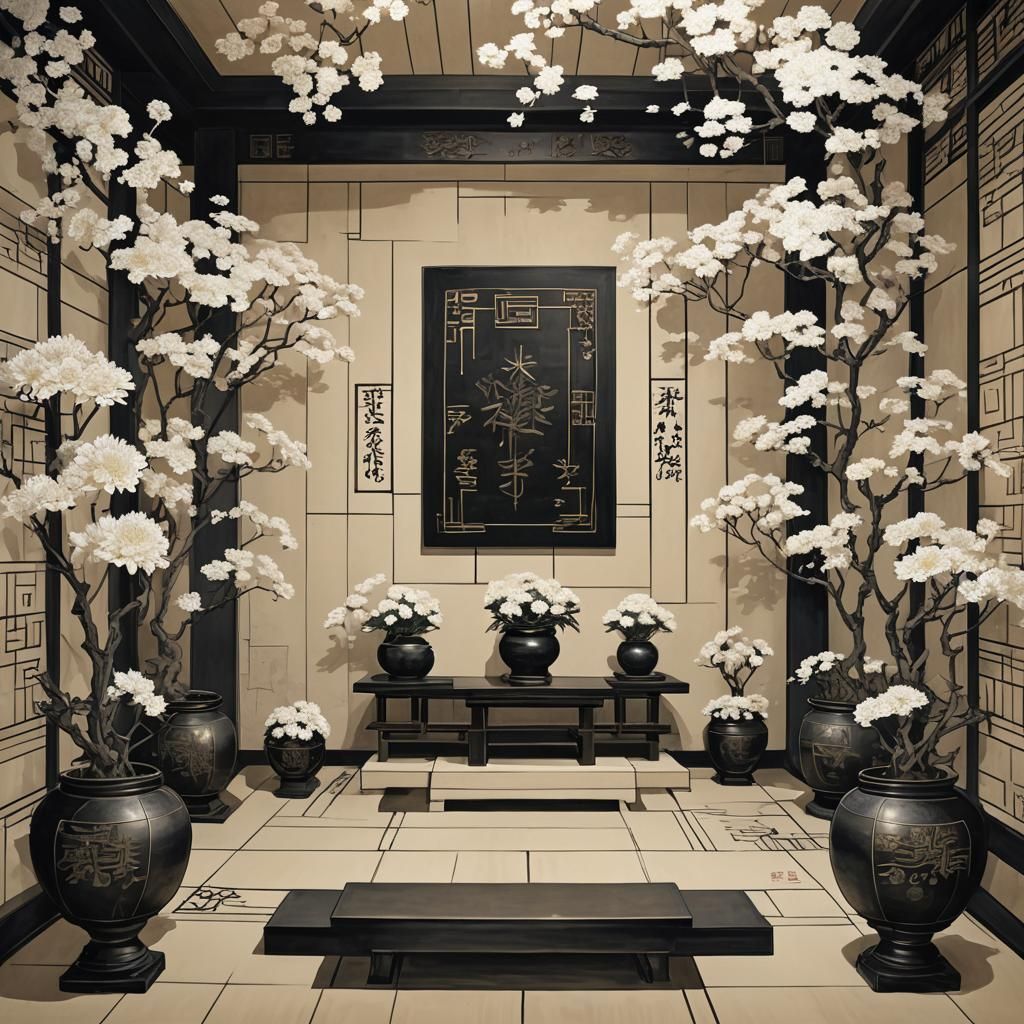 Minimalist Asian Throne Room with Chrysanthemums