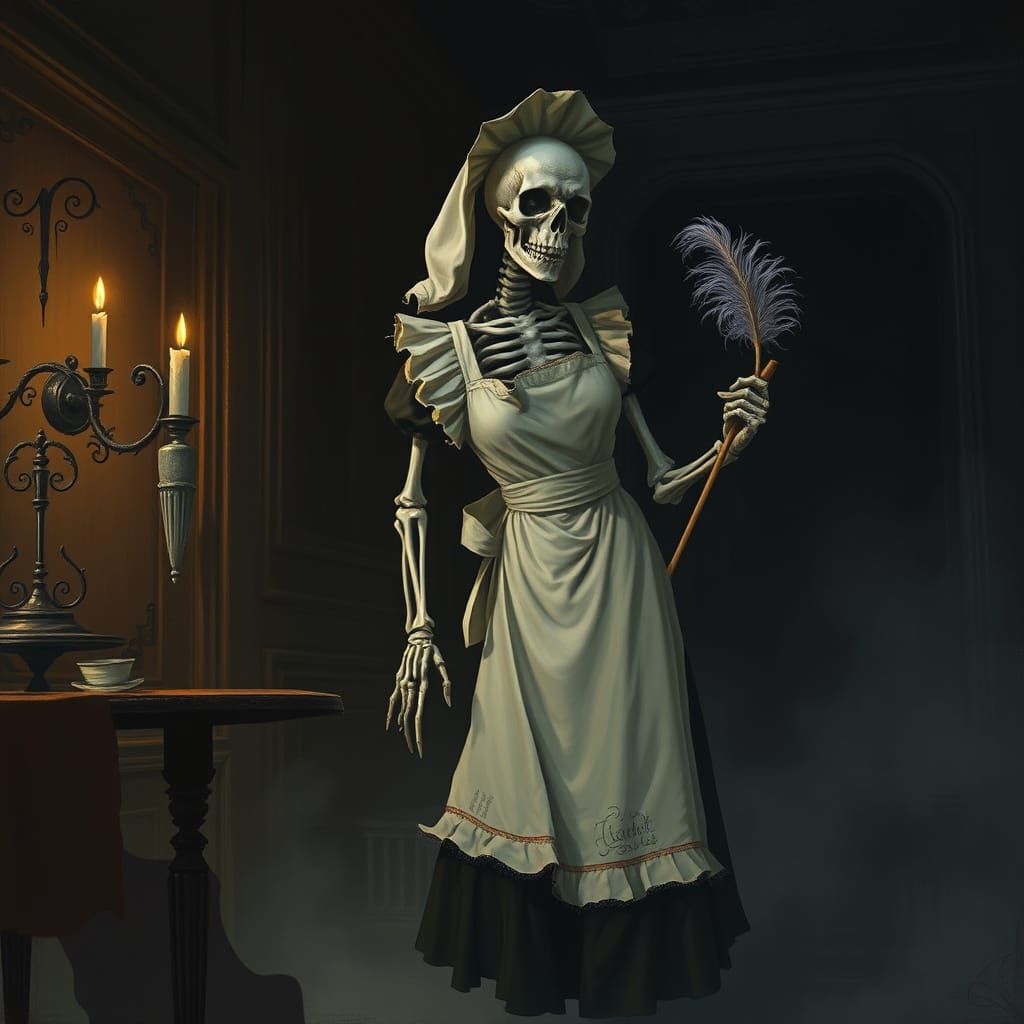 Skeletal Maid Cleaning Gothic Mansion by Candlelight