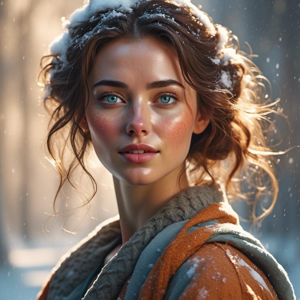 Snow Portrait of a Beautiful Woman in Rembrandt Style