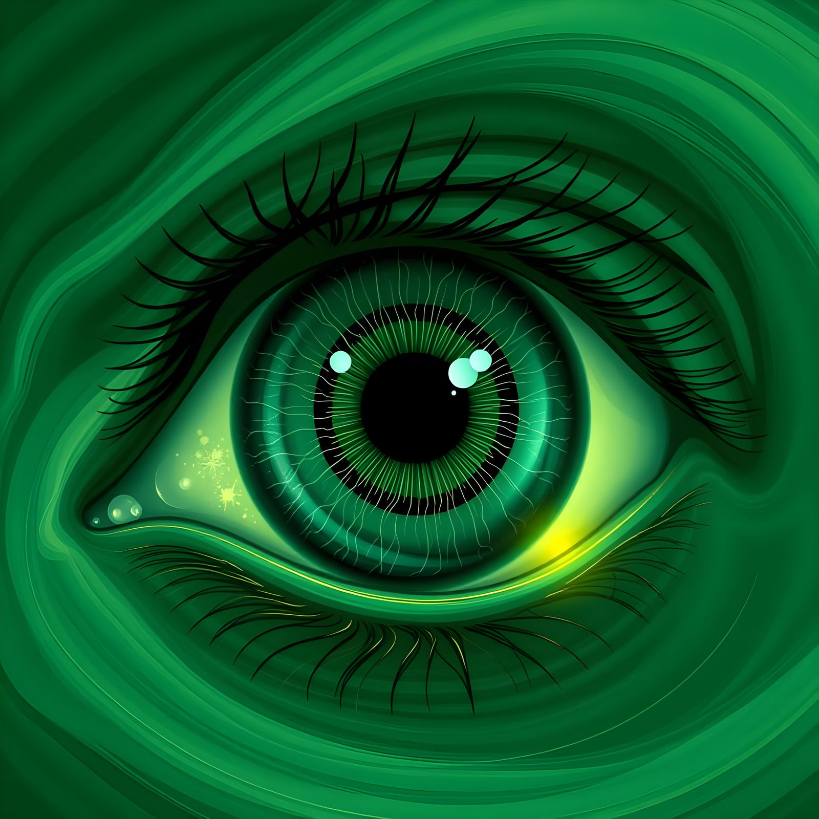 A mesmerizing abstract composition in which swirling emerald-green wisps of mist merge into a multifaceted, stylized eye...