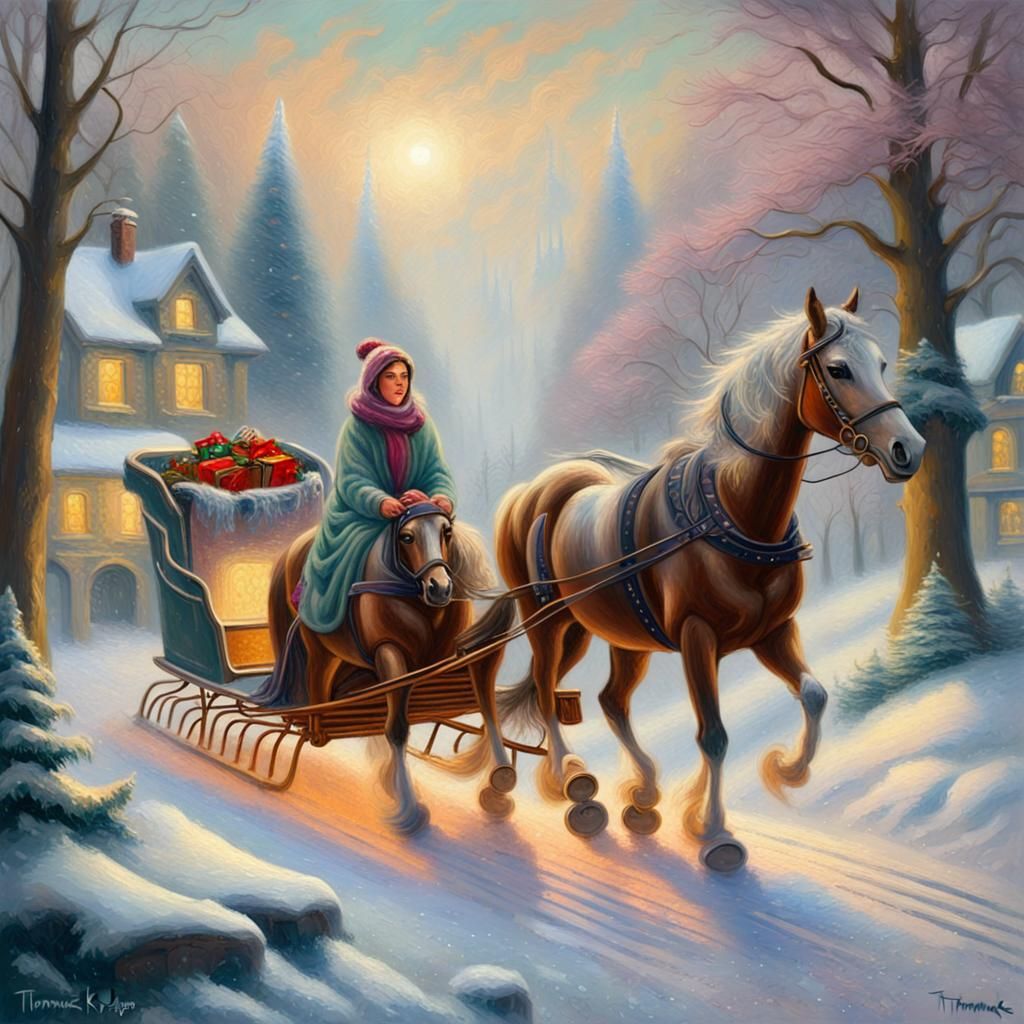 Christmas Wonderland Sleigh Ride in Neo-Impressionist Style
