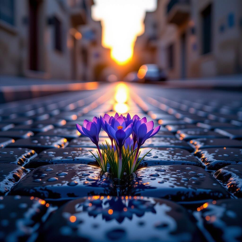 Blue Crocus Flowers with Sunset, Hyper-Realistic Photo