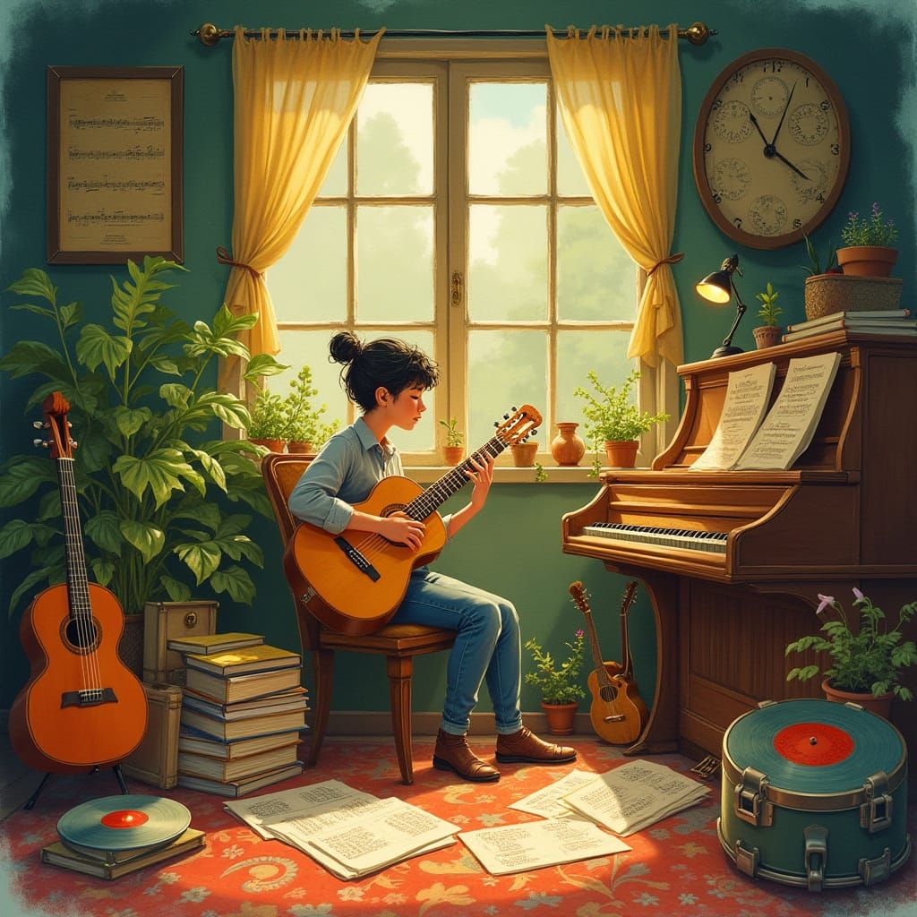 Young Musician Surrounded by Instruments in Whimsical, Vinta...