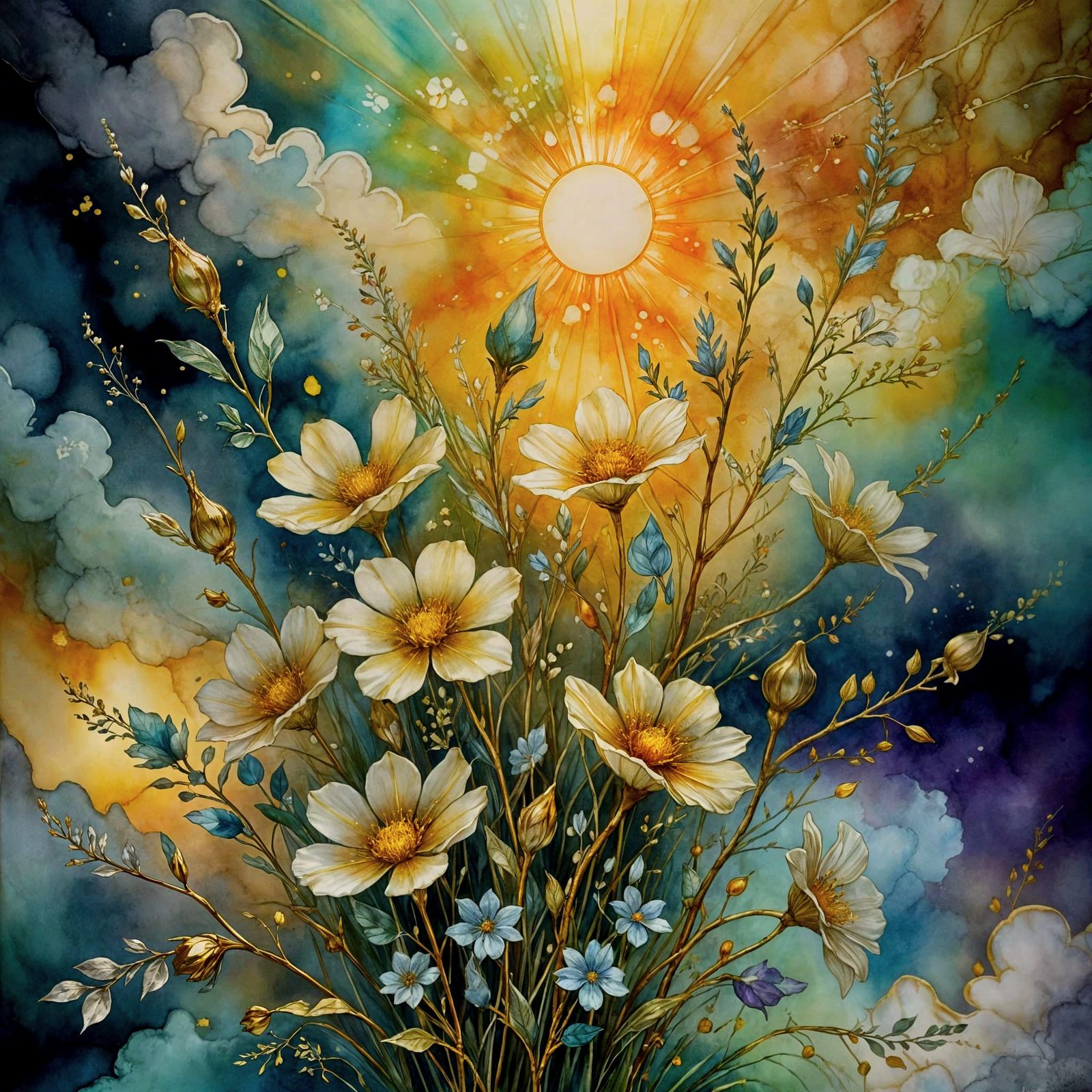 Whimsical Stained Glass Fantasy with Golden Accents and Soft...