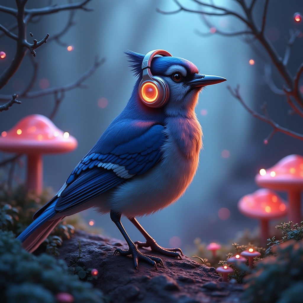 Electric Blue Jay Beatboxing in Dreamlike Forest