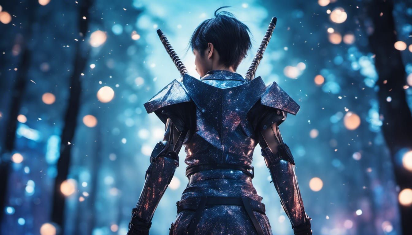 Futuristic Samurai in Forest City, Hyperrealistic