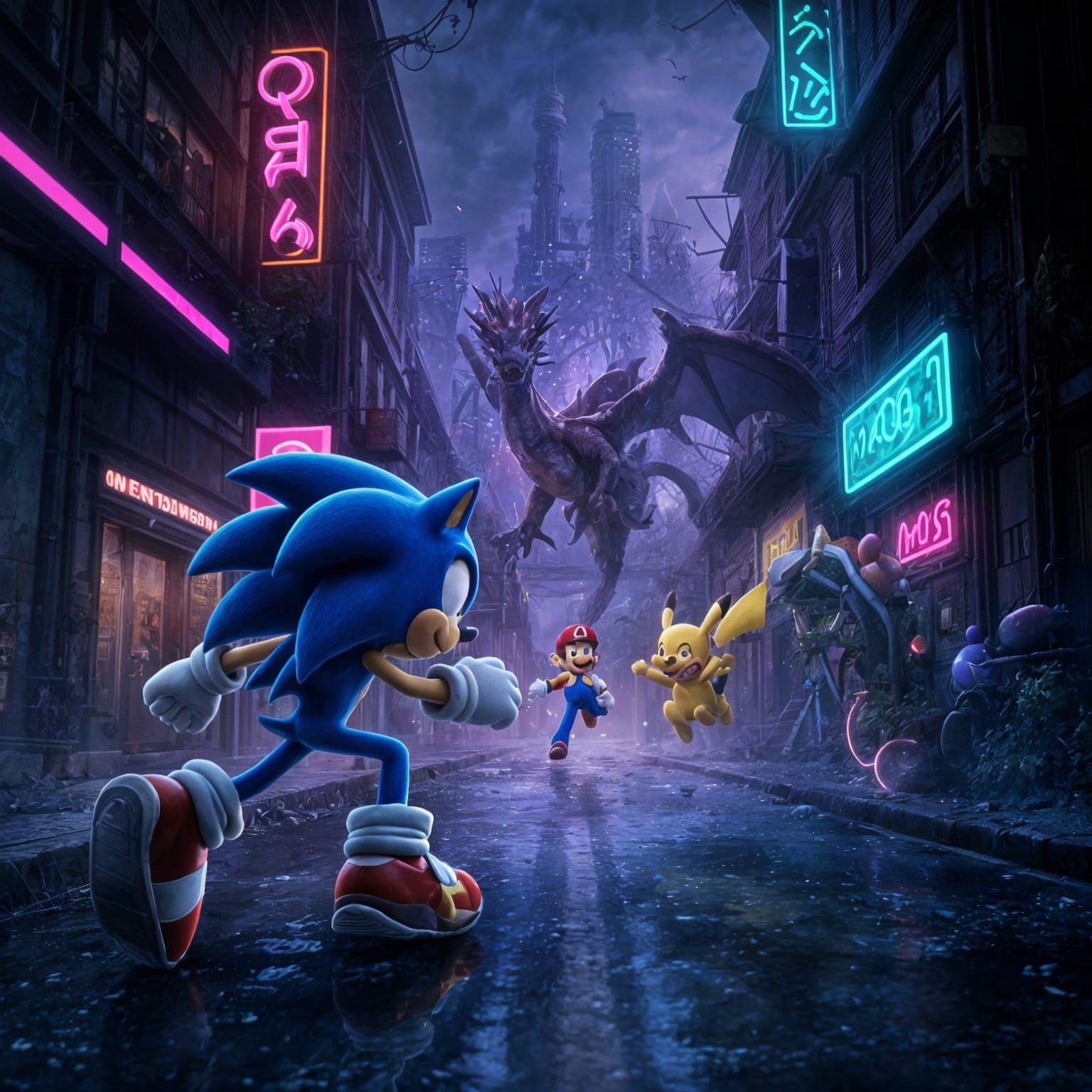 Sonic and Friends Meet Dragon in Cyberpunk Style