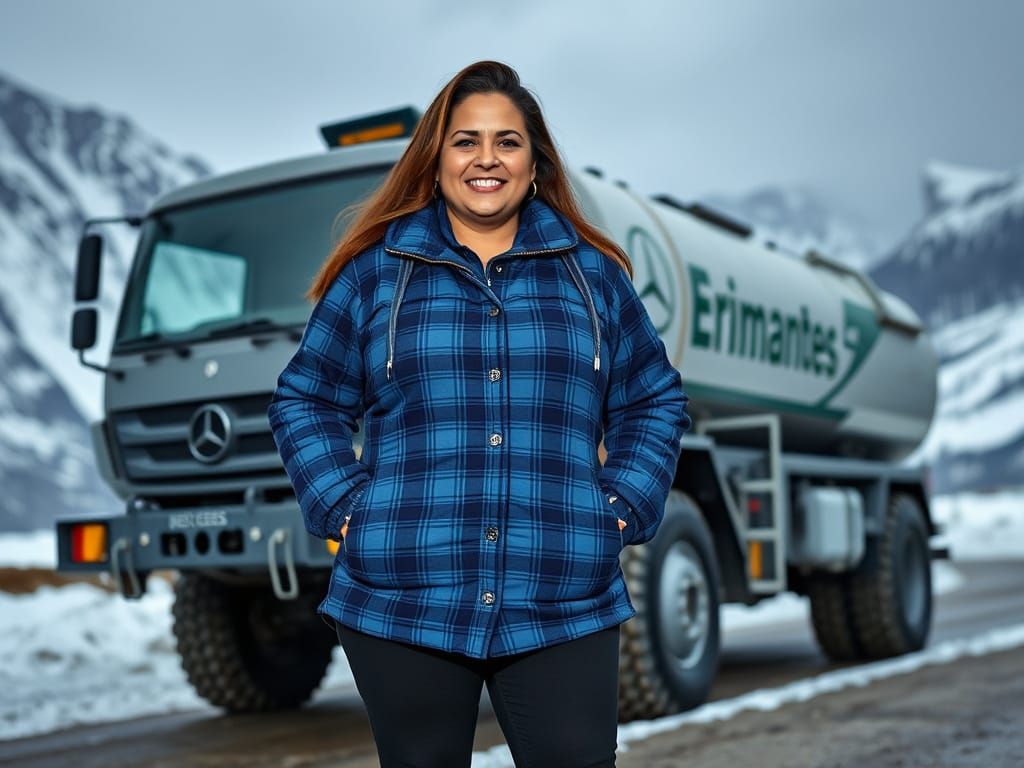 Egyptian Woman with Oil Tanker in Snowy Alps