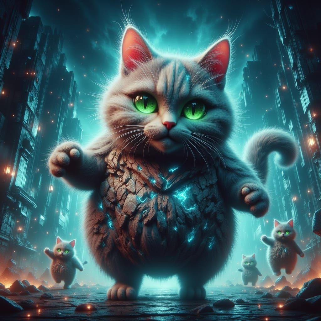 Giant Godzilla Cat Terrorizes City, Murakami and Mead Style