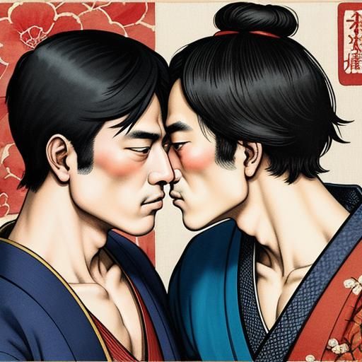 The Kiss: Japanese Woodblock Print in Gouache Style