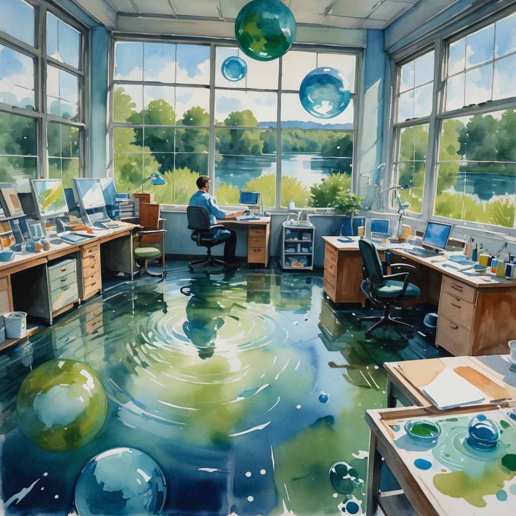 Floating in a Dreamlike Office Scene, Gouache Style Impressi...