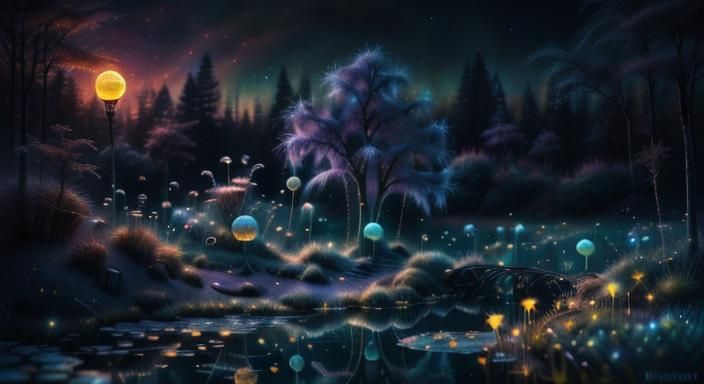 Bioluminescent Pond: Whimsical Digital Art in 8k