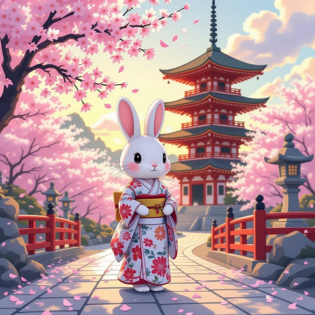 Miffy in Kimono at Japanese Temple During Golden Hour