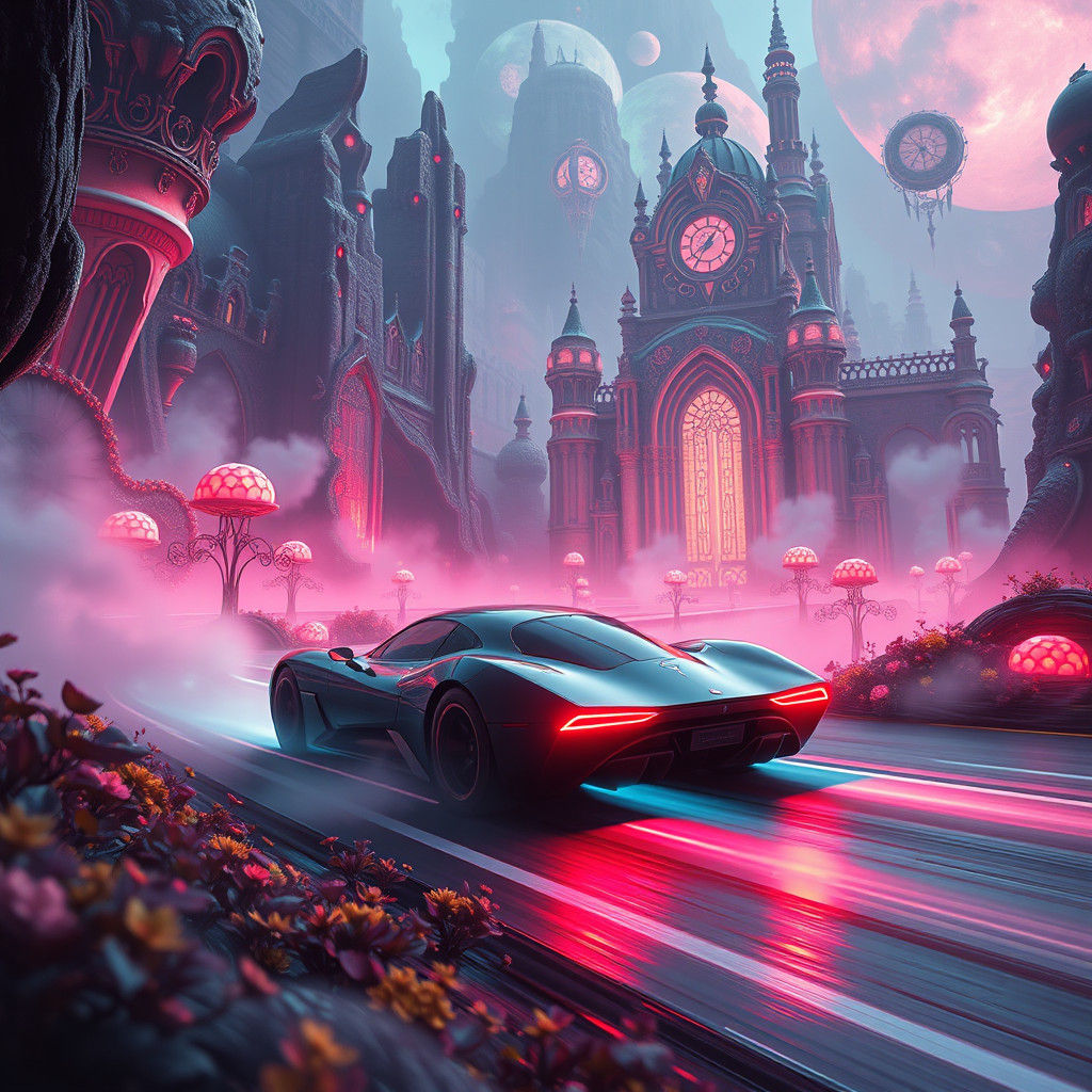 Futuristic Car in Dreamlike Landscape Concept Art
