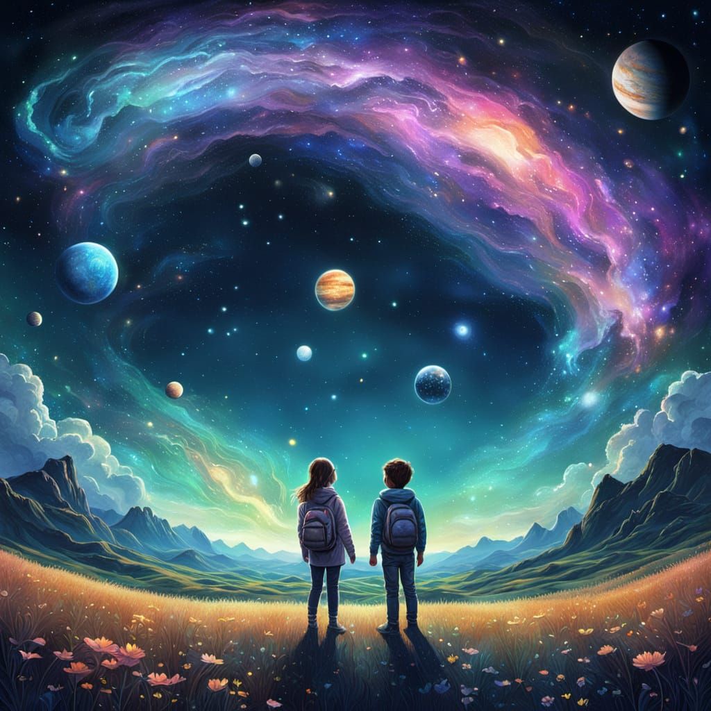 Children Behold Cosmic Wonders in Astral Illustration
